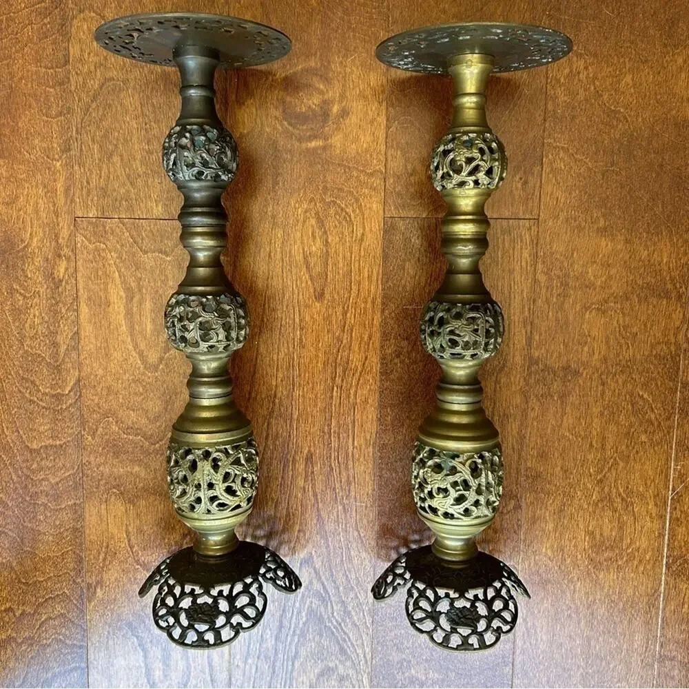 Vintage Oversized Moroccan Pierced Brass Candle Holders, Set of 2, Nice Patina